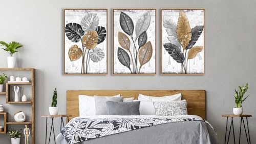 Rustic Botanical Canvas Wall Art, 3-Piece Leaf Print Set with Wood Frame