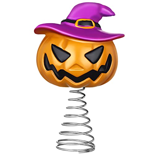 Mini Pumpkin Halloween Tree Topper with Spring Base - 4-Inch Resin Jack-O'-Lantern