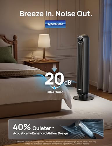 DREO Tower Fan for Bedroom, 20dB Ultra Quiet, 8 Speeds, 90° Oscillating DC Motor with Remote, Black