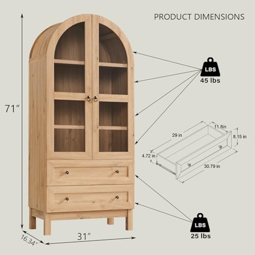 71" Arched Kitchen Pantry Cabinet with Glass Doors & Drawers