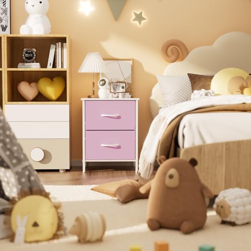 2-Drawer Pink Nightstand with Steel Frame and Wood Top