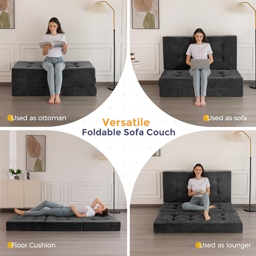 6-Inch Tri-Fold Floor Mattress and Sofa Bed, Full Size Tufted Chenille Couch