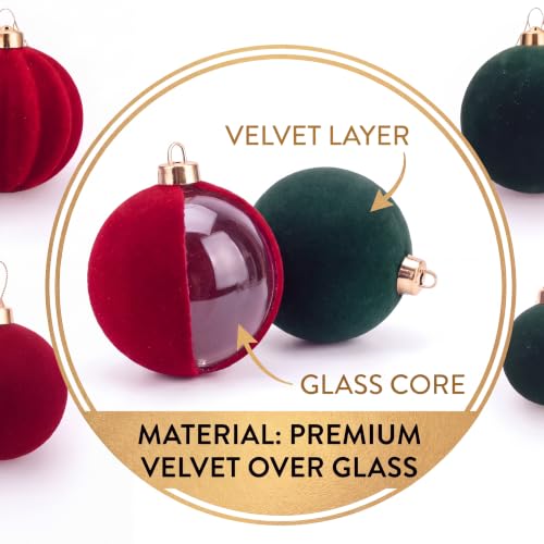 24 Pack Velvet Christmas Ornaments - Flocked Holiday Ball Decor in Cream, Green, Red