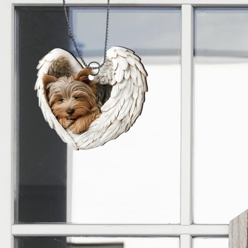Wooden Dog Car Hanging Ornament Angel Wings Rearview Mirror Decor - Christmas Gift