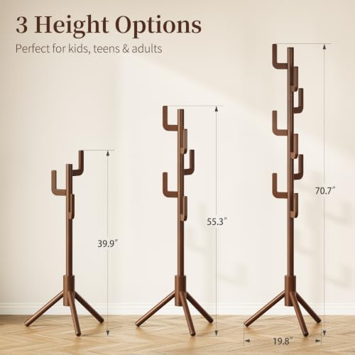 Walnut Yoobure Solid Wood Cactus Coat Rack with 8 Hooks, Adjustable Height Entryway Organizer