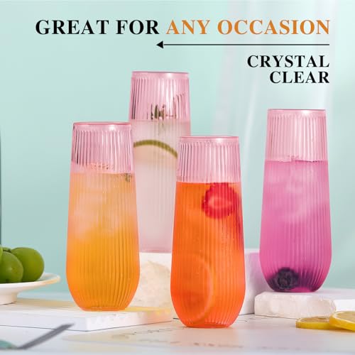 48 Pack Pink Ribbed Plastic Champagne Flutes - Stemless Disposable 9 Oz Shatterproof Recyclable BPA-Free for Weddings & Parties