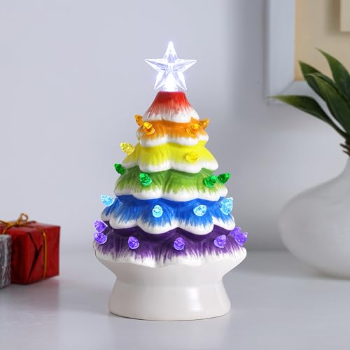 Mr. Christmas Nostalgic Ceramic Rainbow Christmas Tree with LED Lights, 7.5 Inch Indoor Holiday Decor
