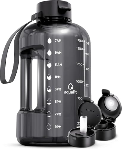 Half Gallon Water Bottle with Time Marker 64 oz Gym Jug with Straw