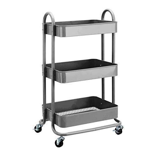 3-Tier Rolling Metal Utility Cart with Lockable Wheels & Mesh Bins, Charcoal