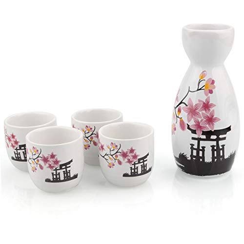 ABuff Japanese Sake Set with 1 Ceramic Tokkuri Bottle & 4 Ochoko Cups - Microwave & Dishwasher Safe