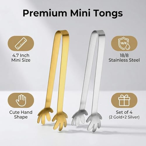 Mini Stainless Steel Ice Tongs Set of 4 - 4.7 Inch Serving & Bar Tongs