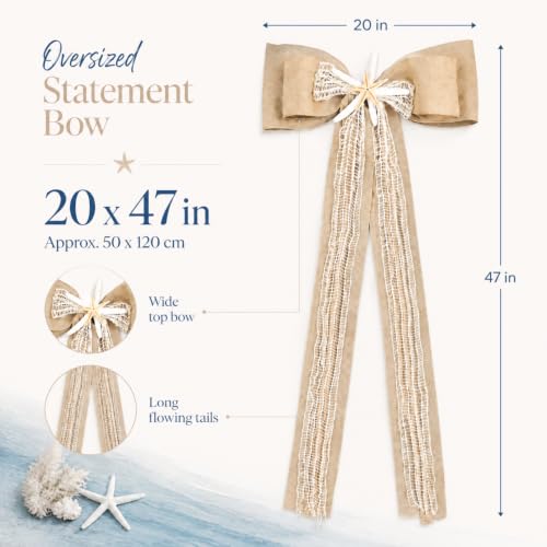 Dingion Giant Coastal Christmas Tree Topper Bow with Burlap & Starfish, 20 x 47 inches