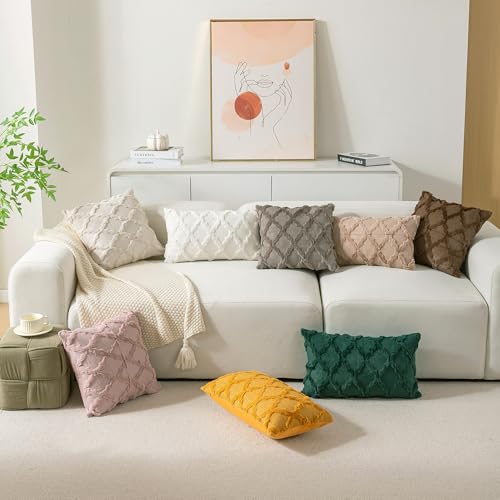 Set of 2 Moroccan Faux Fur Throw Pillow Covers 18x18 Inch Beige Boho