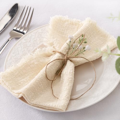 Beige 6-Pack Linen Cotton Dinner Napkins Fringe 17x17 for Wedding Party