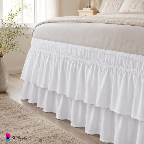 White Full Size Elastic Wrap Around Bed Skirt - 14 Inch Drop Double Ruffle