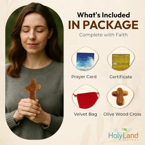4-Inch Handcrafted Olive Wood Comfort Cross with Velvet Bag & Prayer Card