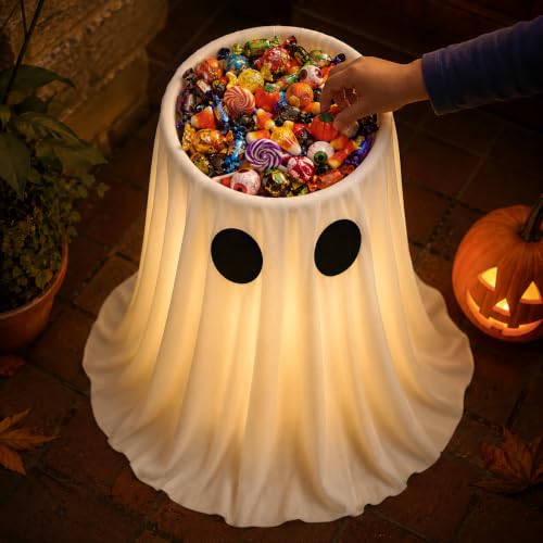 30-Inch Lighted Halloween Ghost Candy Bowl Holder with Remote Timer