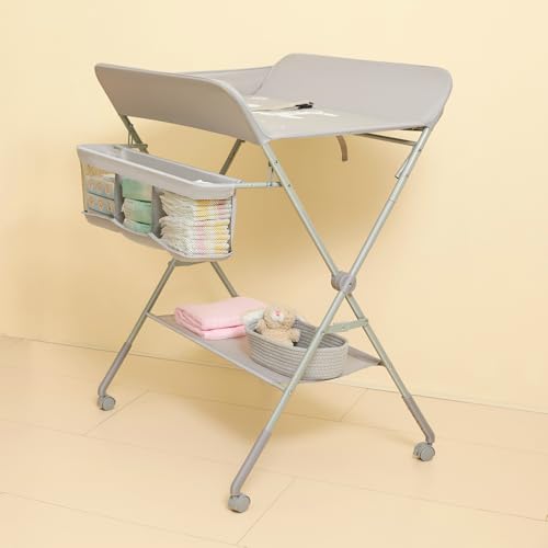 Portable Baby Changing Table with Wheels, 4-Level Height Adjustable Station