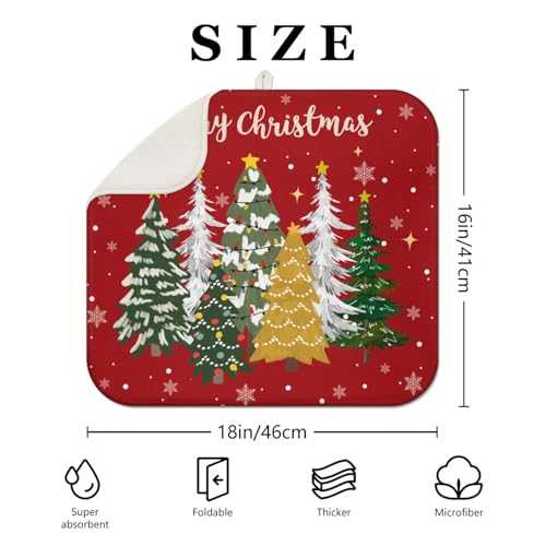 Christmas Kitchen Dish Drying Mat 16x18 Inches, Red Snowflake Tree Pattern, Absorbent Microfiber, Festive Holiday Countertop Mat
