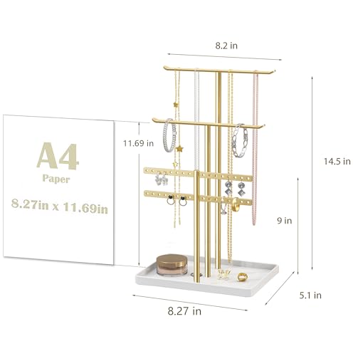 14.5-Inch Gold Jewelry Stand Organizer with Tray for Necklaces