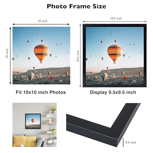 10x10 Black Square Picture Frame with Shatter-Resistant Plexiglass for Wall