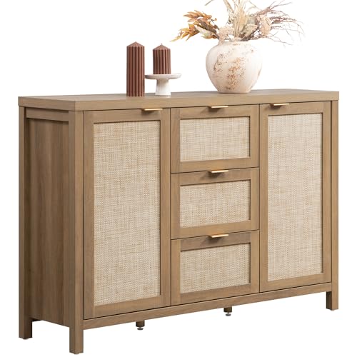 52-Inch Rattan Sideboard Buffet Cabinet with 3 Drawers, Boho Credenza