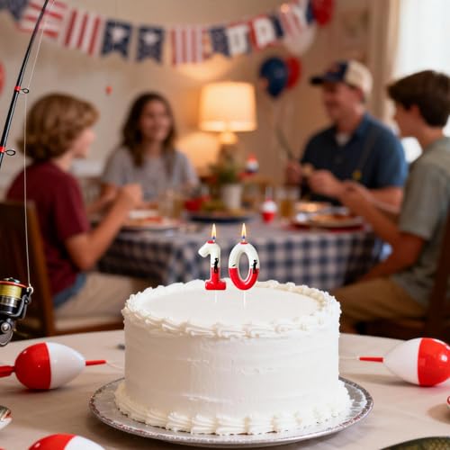 Fishing Bobber Birthday Number Candle, Red and White Cake Topper