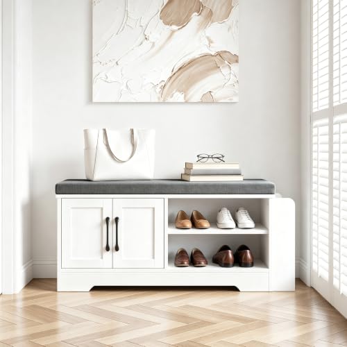 Farmhouse Shoe Storage Bench with Padded Seat and Adjustable Shelves