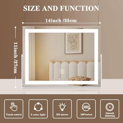 ACOLAR 14 Inch LED Vanity Makeup Mirror with Lights, Dimmable Touch, 360° Rotation, Large Metal Frame, 11" W