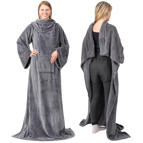 Wearable Fleece Blanket with Sleeves for Adults, Cozy Warm Wrap Throw