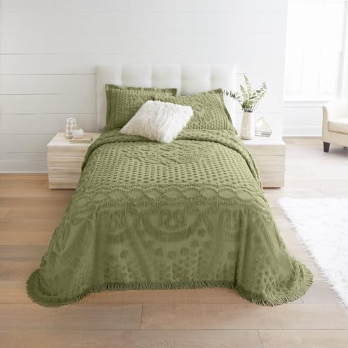 King Chenille Bedspread - Sage Medallion Pattern, Ultra-Soft Cotton