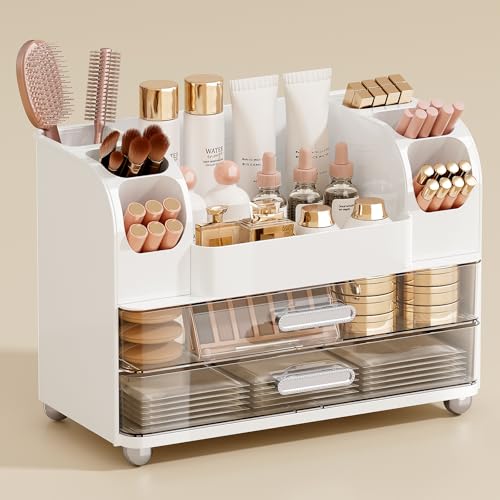 UFORU White Makeup Organizer with 2 Large Drawers & Brush Holders