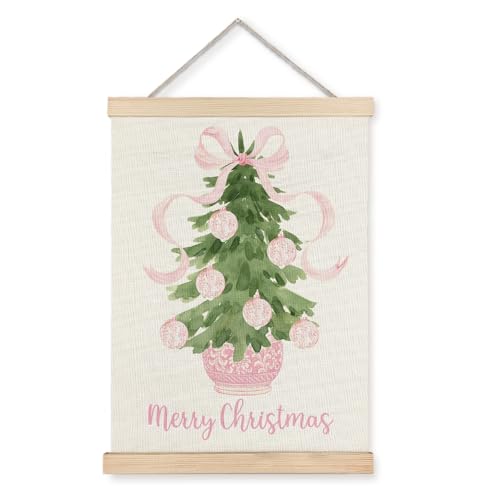 Pink Coquette Wall Decor with Christmas Tree Frame - 12x16 Inches - Pink Bow Variation