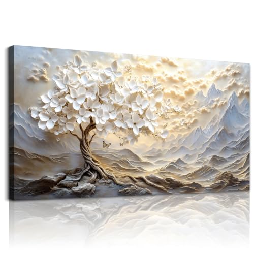 Large White Tree of Life Canvas Wall Art - Mountain Floral Decor