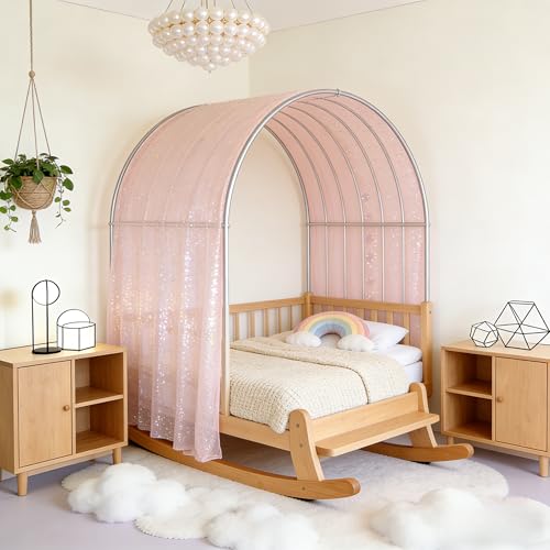 Pink Star Moon Bed Canopy Sheer Tulle Curtain for Kids Room 60 x 158 Inches