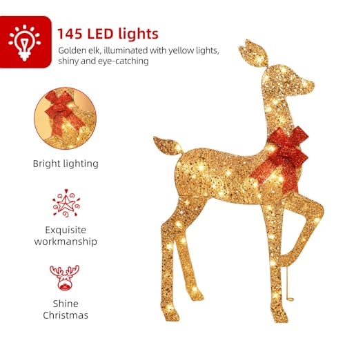 HOYECHI 4FT Gold 3-Piece Lighted Christmas Reindeer Family Set with 145 LED Lights
