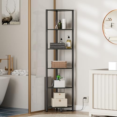 6 Tier Corner Shelf with LED Light, 67.5 Inch Black Tall Bookshelf and Storage Rack for Living Room