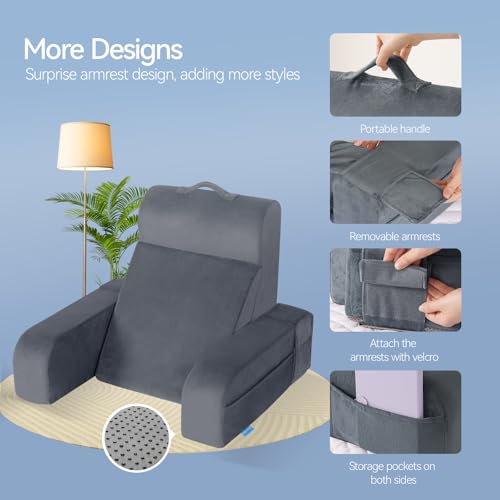 Ergonomic Reading Pillow with Memory Foam, 19" Gray Back Rest