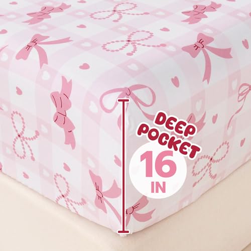 Twin Sheet Set Kids 3-Piece Pink Check Microfiber Bedding with Deep Pocket