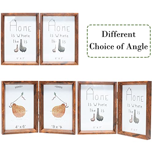 TOFOREVO Rustic Brown 5x7 Double Picture Frame Pack of 3 - Hinged Beveled Wooden Photo Frame for Desktop & Wall Display