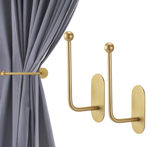 Adhesive Curtain Holdbacks, No-Drill U-Shaped Drapes Hooks (Gold, 2 Pack)