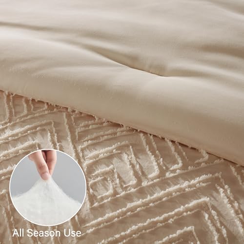 Boho Tufted Queen Comforter Set - 7-Piece Beige All-Season Bed in a Bag
