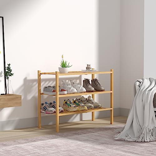 ROMGUAR CRAFT 3-Tier Bamboo Shoe Rack Stackable Storage Organizer for Entryway