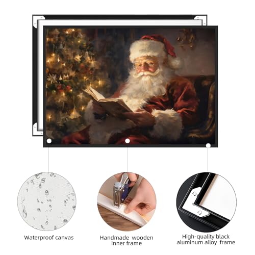 Santa Reading by Christmas Tree canvas wall art 8x12 with black aluminum frame