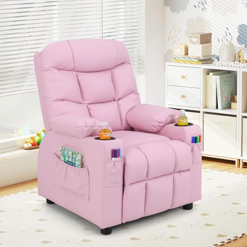 Costzon Kids Pink Recliner Chair 26”x28”x34” with Cup Holder & Footrest