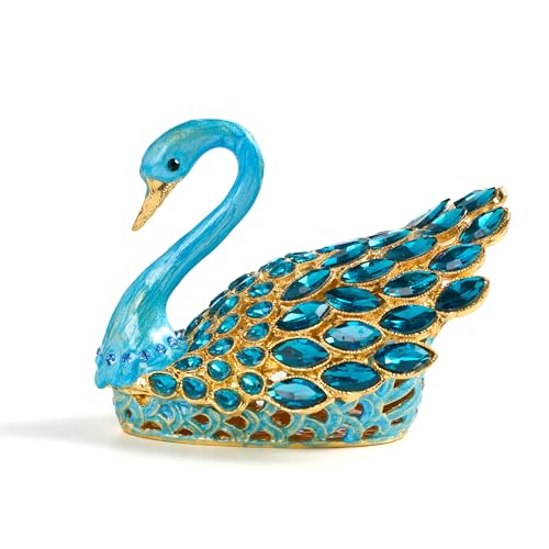 Blue Swan Enamel Jewelry Trinket Box - Decorative Ring Holder Organizer