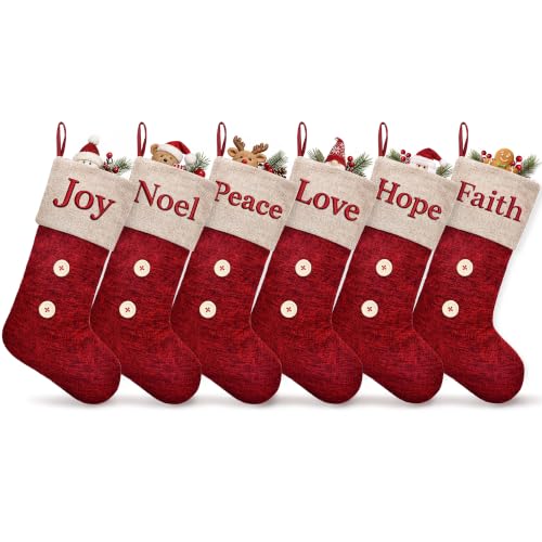 ElegantPark 6 Pack Large Red Christmas Stockings Burlap Embroidered, 22in Set