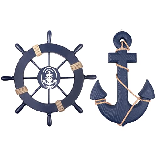 2-Piece Nautical Wooden Ship Wheel and Anchor Wall Art Decor Set