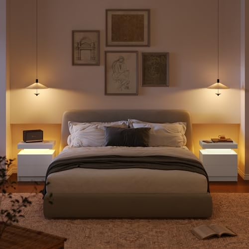 Modern White Nightstand with 2 Drawers and RGB LED Lights