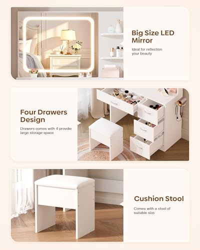 White Makeup Vanity Desk with LED Mirror & Charging Station - 4 Drawers, Stool